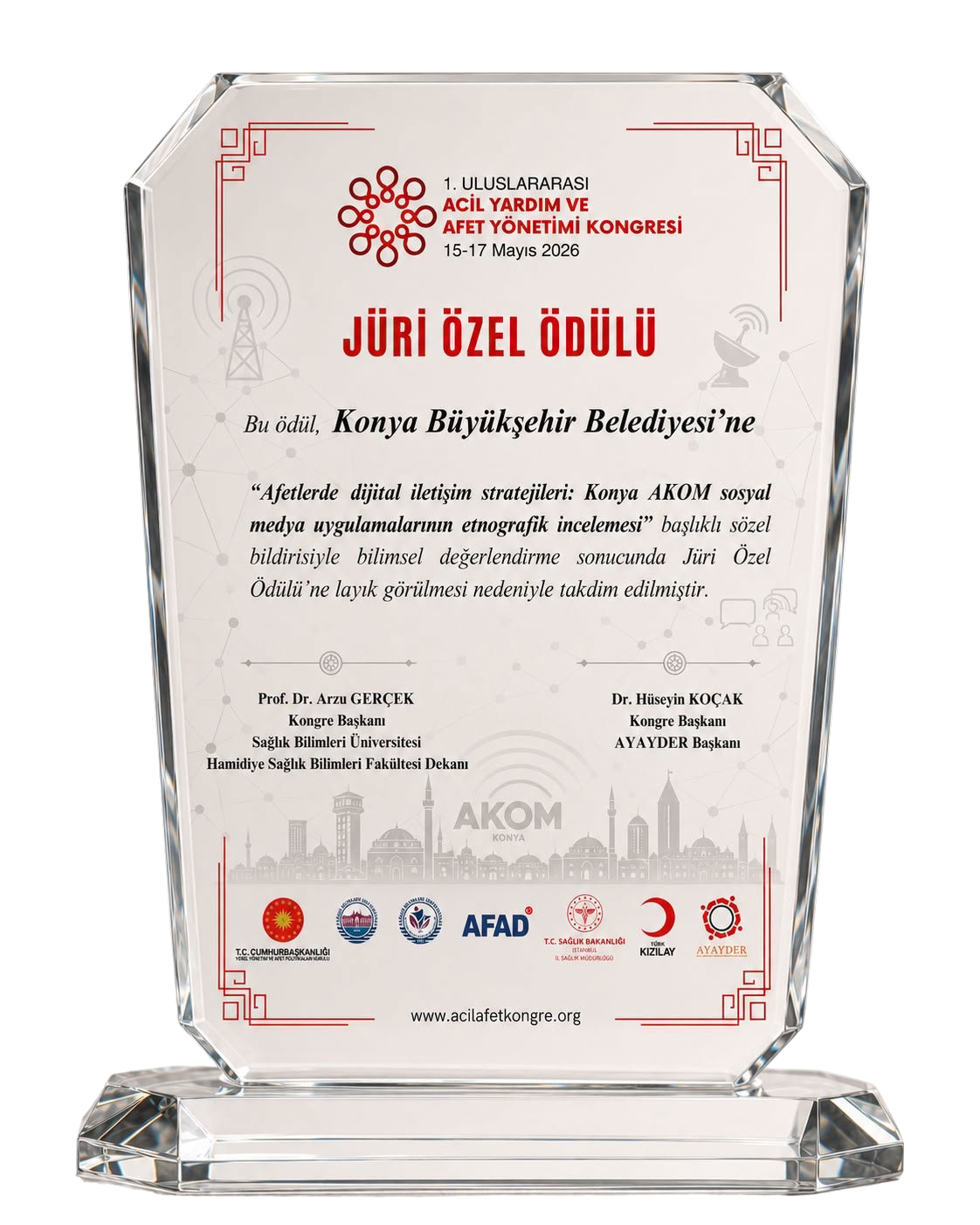 KONYA AKOM’A ULUSLARARASI KONGREDEN JÜRİ ÖZEL ÖDÜLÜ